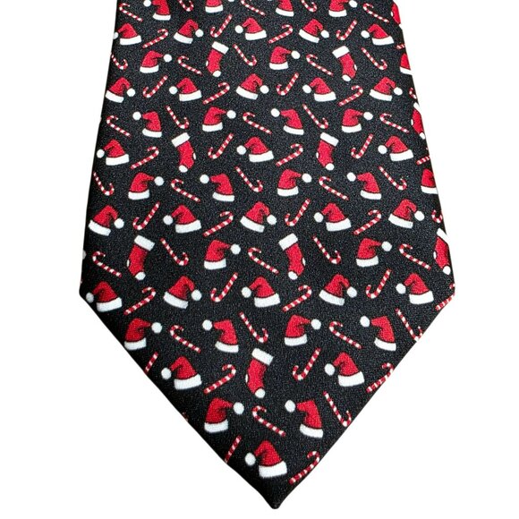 VTG Santa Hat Candy Cane Christmas Neck Tie Novelty Holiday Party Black Red Noel - Picture 2 of 7